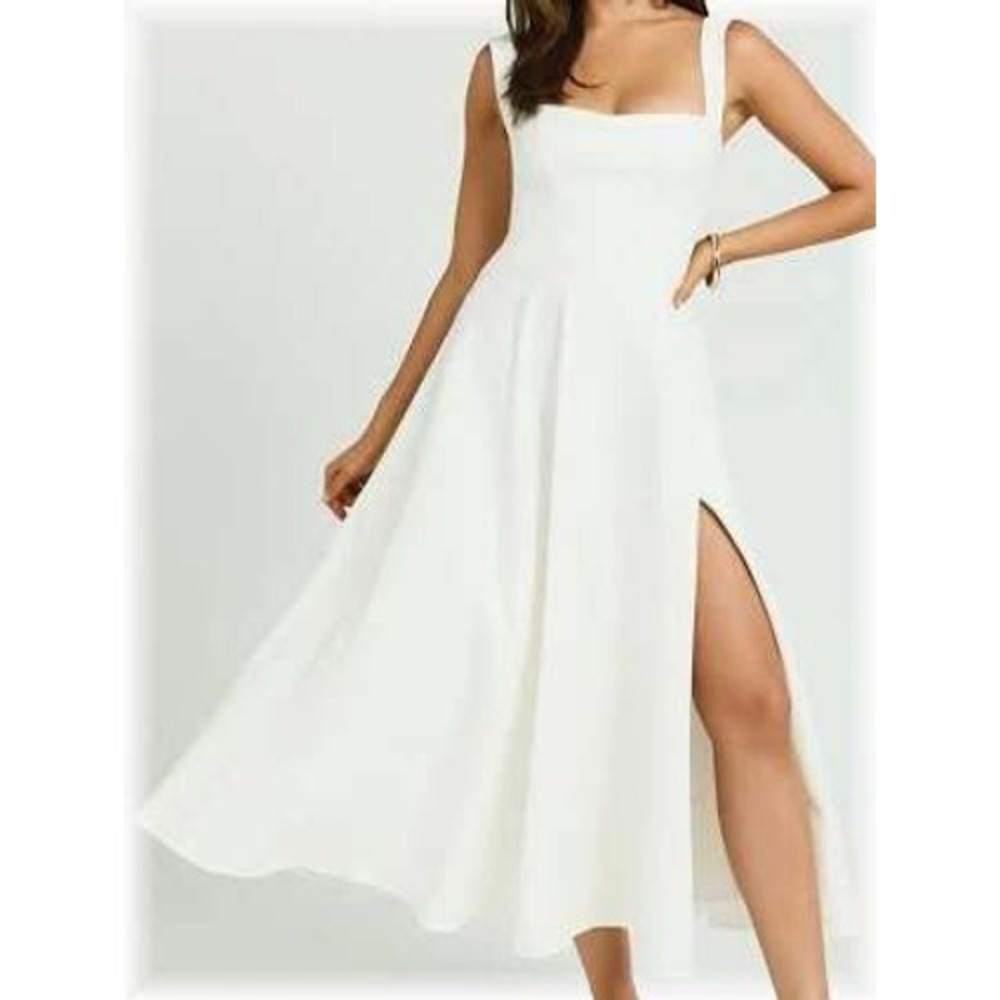 Showpo Bernie Midi Dress Square Neck Full Circle Skirt White 6 NWT